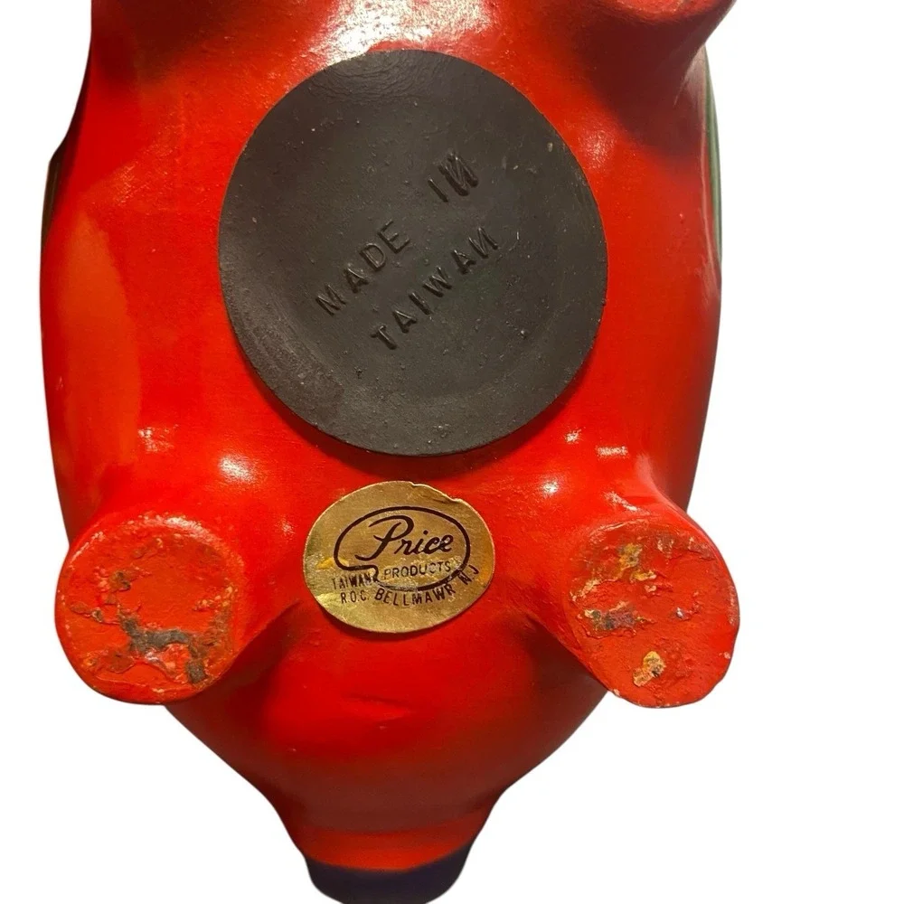 Folk Art Handpainted Piggy Bank Red/Yellow Flowers Tail Handle Ceramic Retro